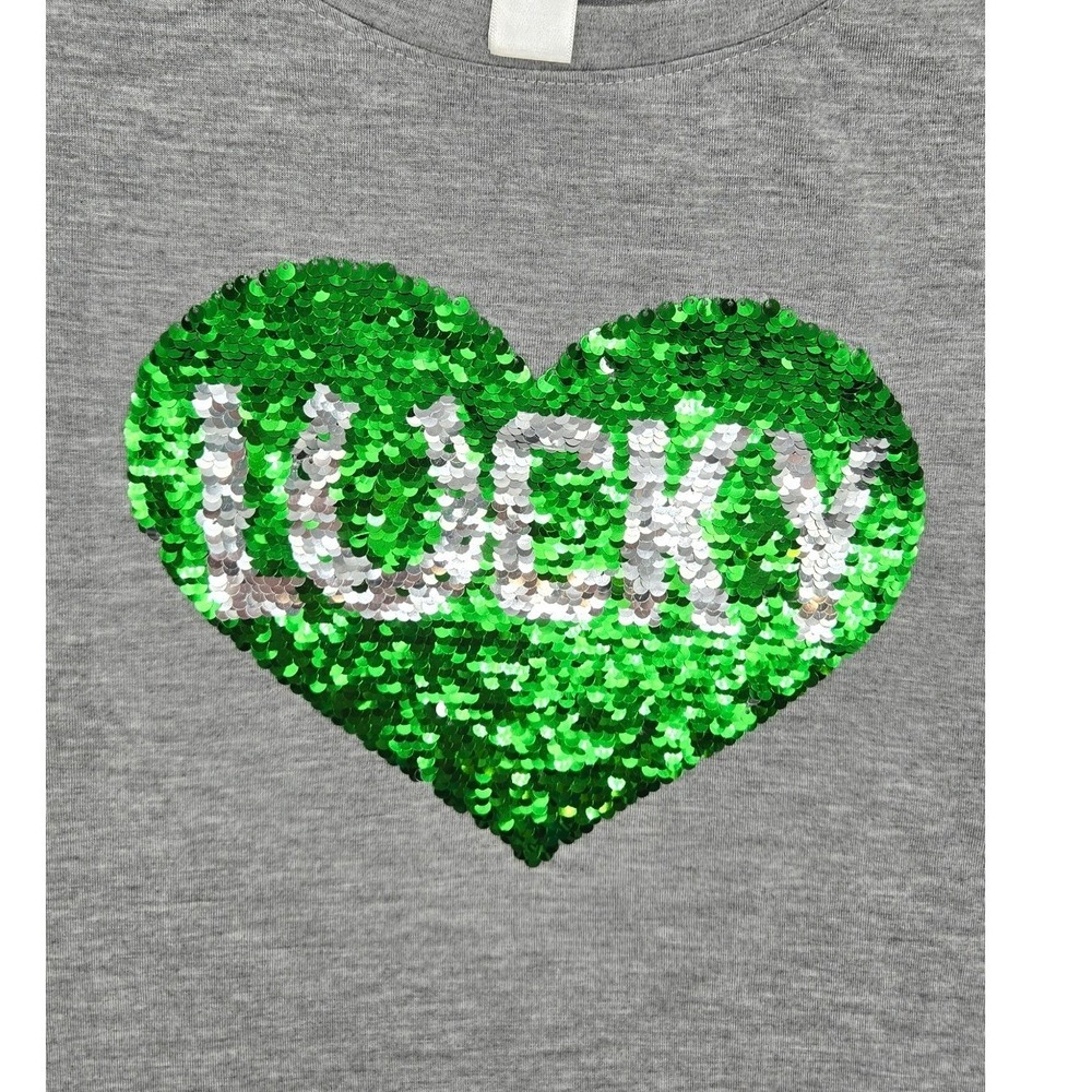 Way to Celebrate T-Shirt Women XL Gray St Patricks Day Lucky Sequin